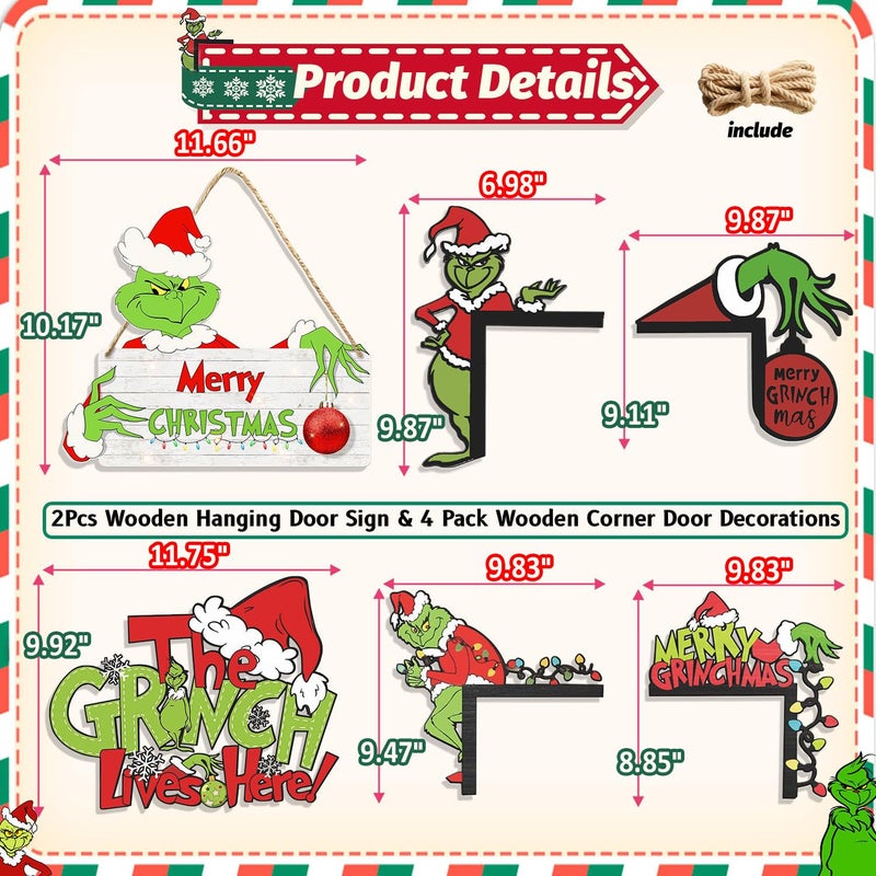 BWFY Christmas Decorations 2Pcs Wooden Hanging Sign for Front Door& 4 Pack Wooden Corner Door Decorations - Christmas Decor for Yard  Porch & Wall - Holiday Themed Tree Decor for Merry Xmas Party Supplies - Image 4